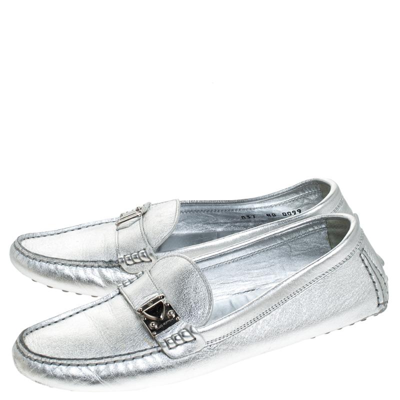 Louis Vuitton Metallic Silver Leather Lombok Loafers Size 37 3