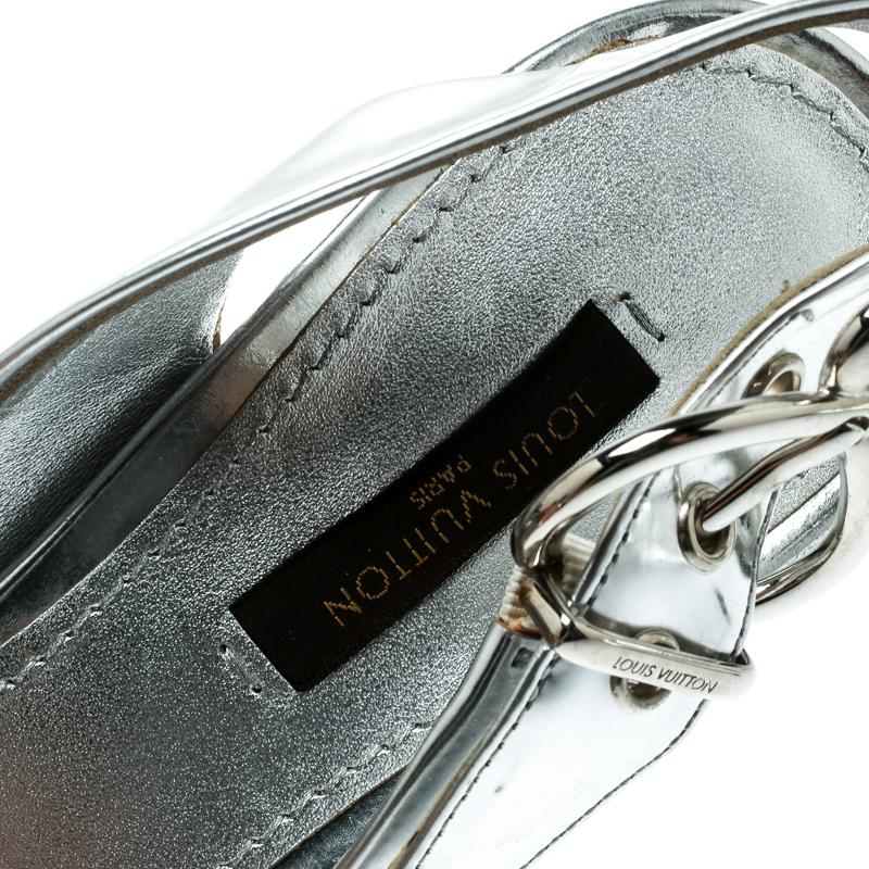 Louis Vuitton Metallic Silver Leather Peep Toe Slingback Sandals Size 37.5 2
