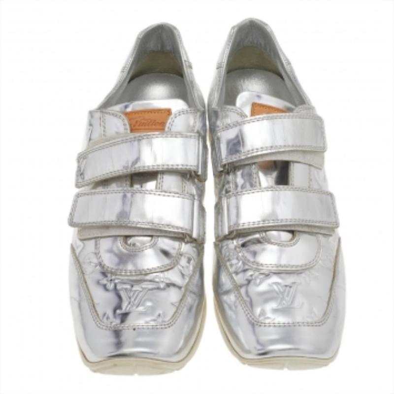 Women's Louis Vuitton Metallic Silver Monogram Mirror Tennis Sneakers Size 38.5