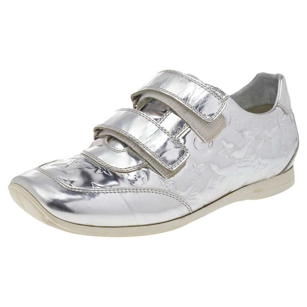 Louis Vuitton Metallic Silver Monogram Mirror Tennis Sneakers Size 38.5 For Sale