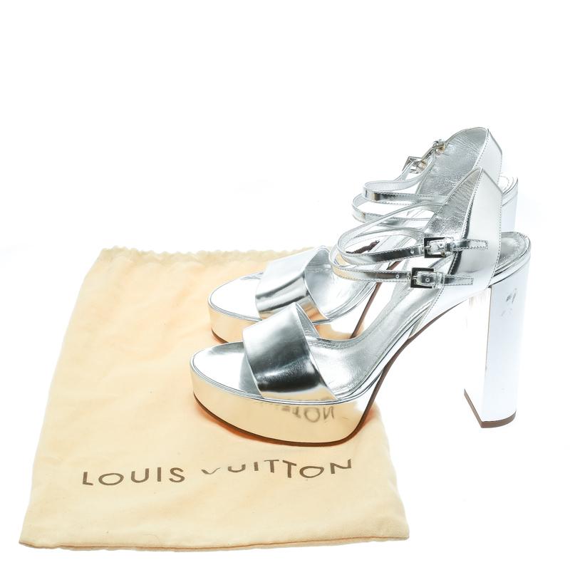 Louis Vuitton Metallic Silver Patent Leather Showcase Platform Sandals Size 39 2