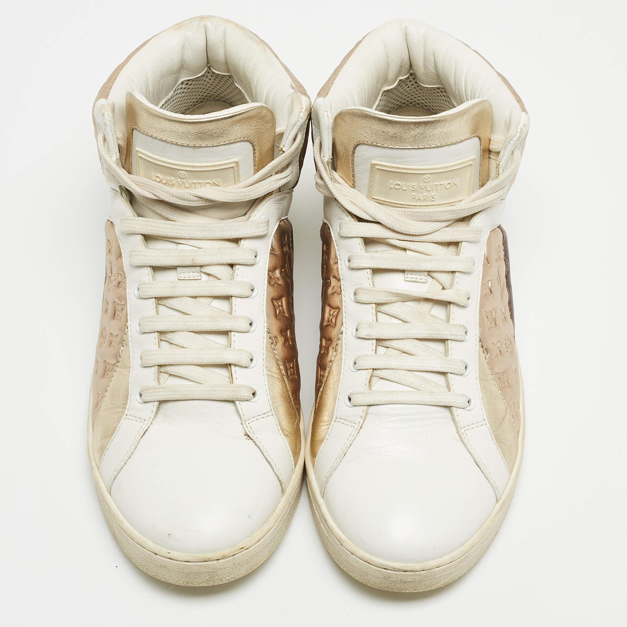 Women's Louis Vuitton Metallic/White Leather and Canvas High Top Sneakers Size 38 For Sale