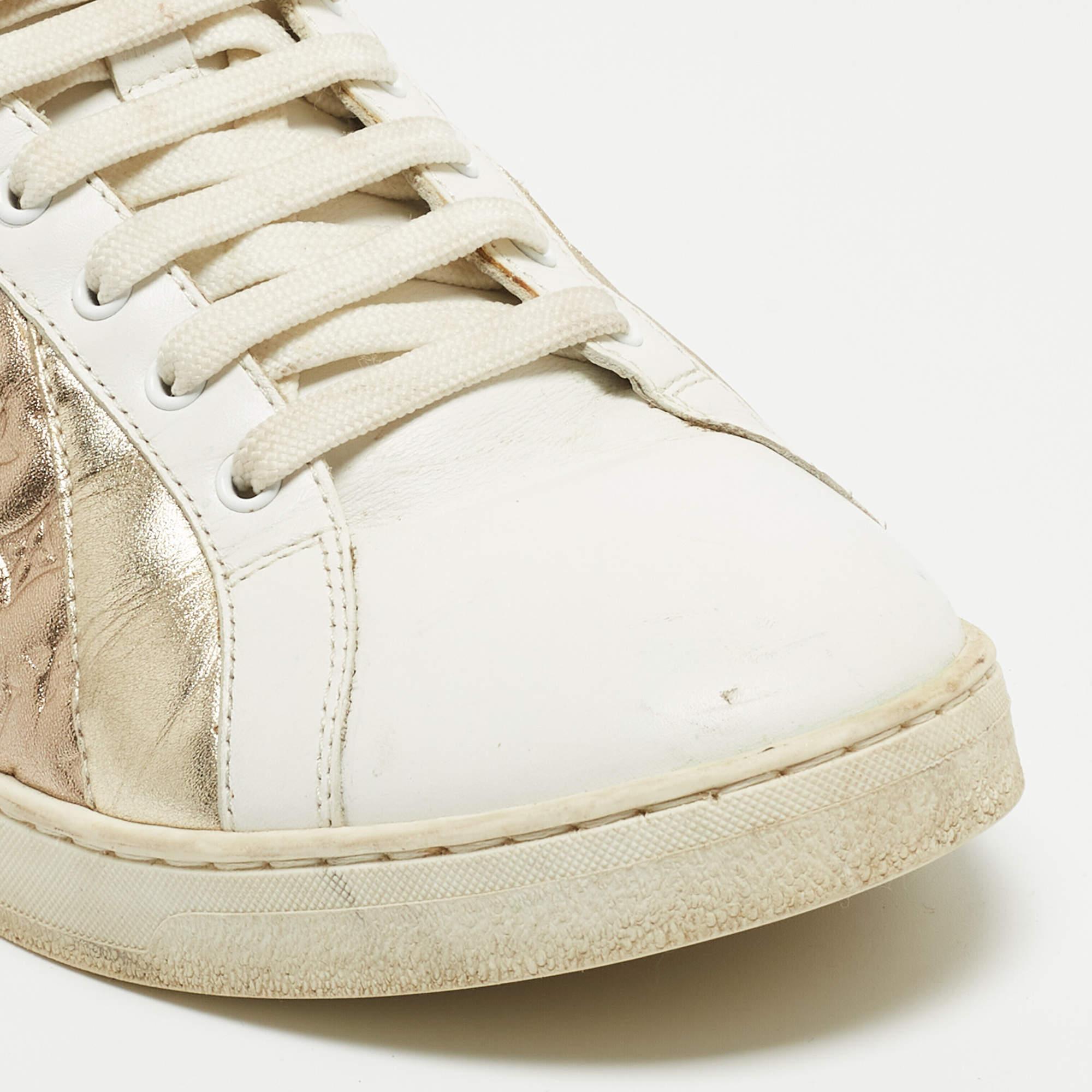 Louis Vuitton Metallic/White Leather and Canvas High Top Sneakers Size 38 For Sale 4