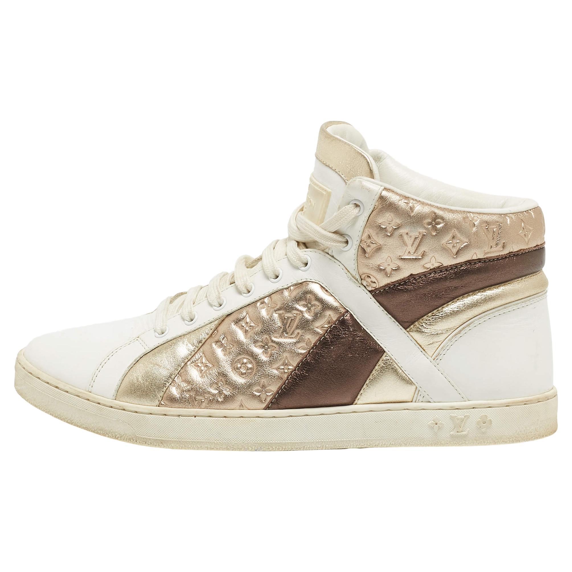 Louis Vuitton Metallic/White Leather and Canvas High Top Sneakers Size 38 For Sale