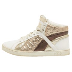 Louis Vuitton Metallic/White Leather and Canvas High Top Sneakers Size 38