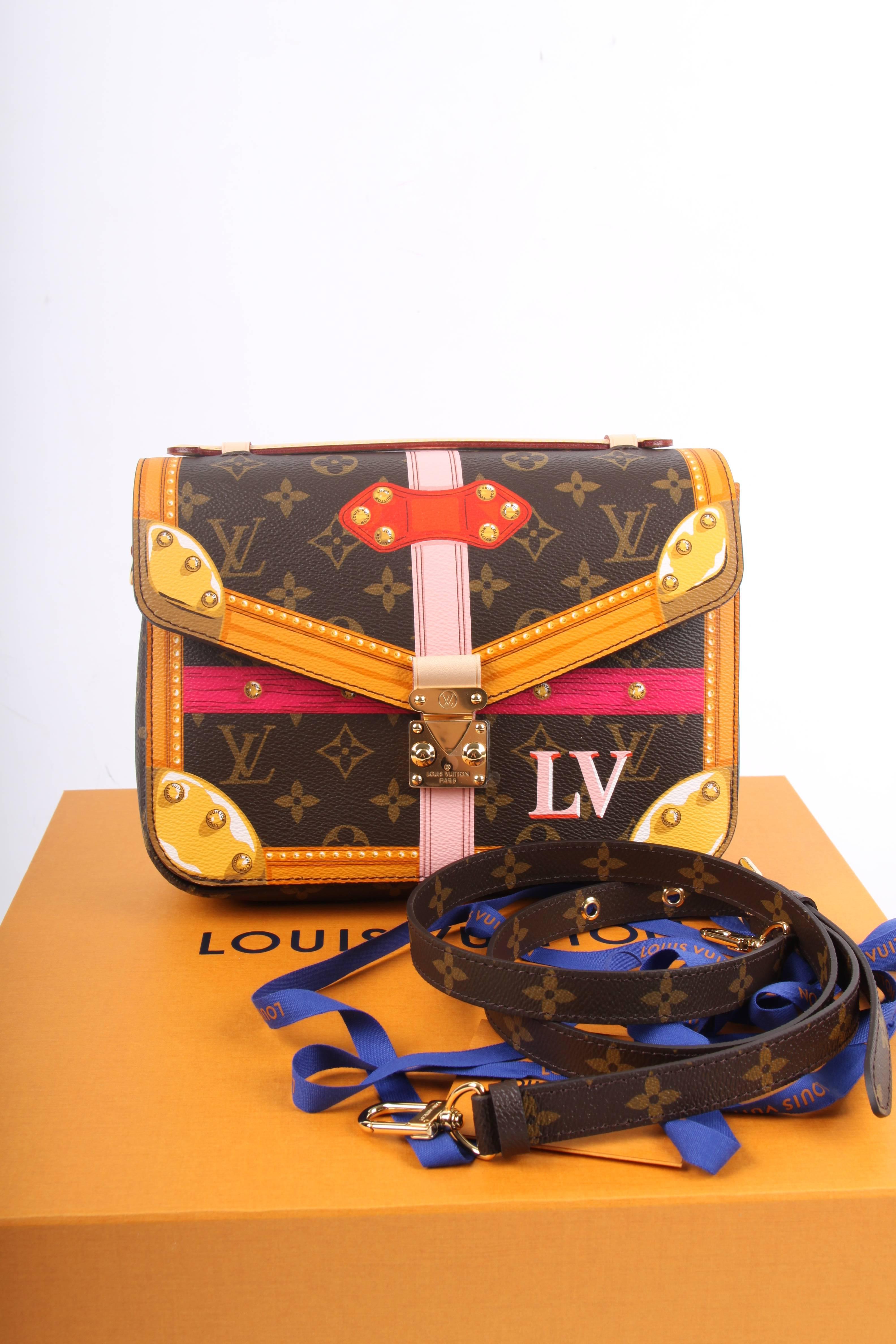 This is a very special Louis Vuitton Métis. Limited Edition 2018 and storefresh! Neat!!

Fully crafted from the well known dark brown canvas covered with LV monograms. The front, back and flap are decorated with artwork in fuchsia, pink and yellow.