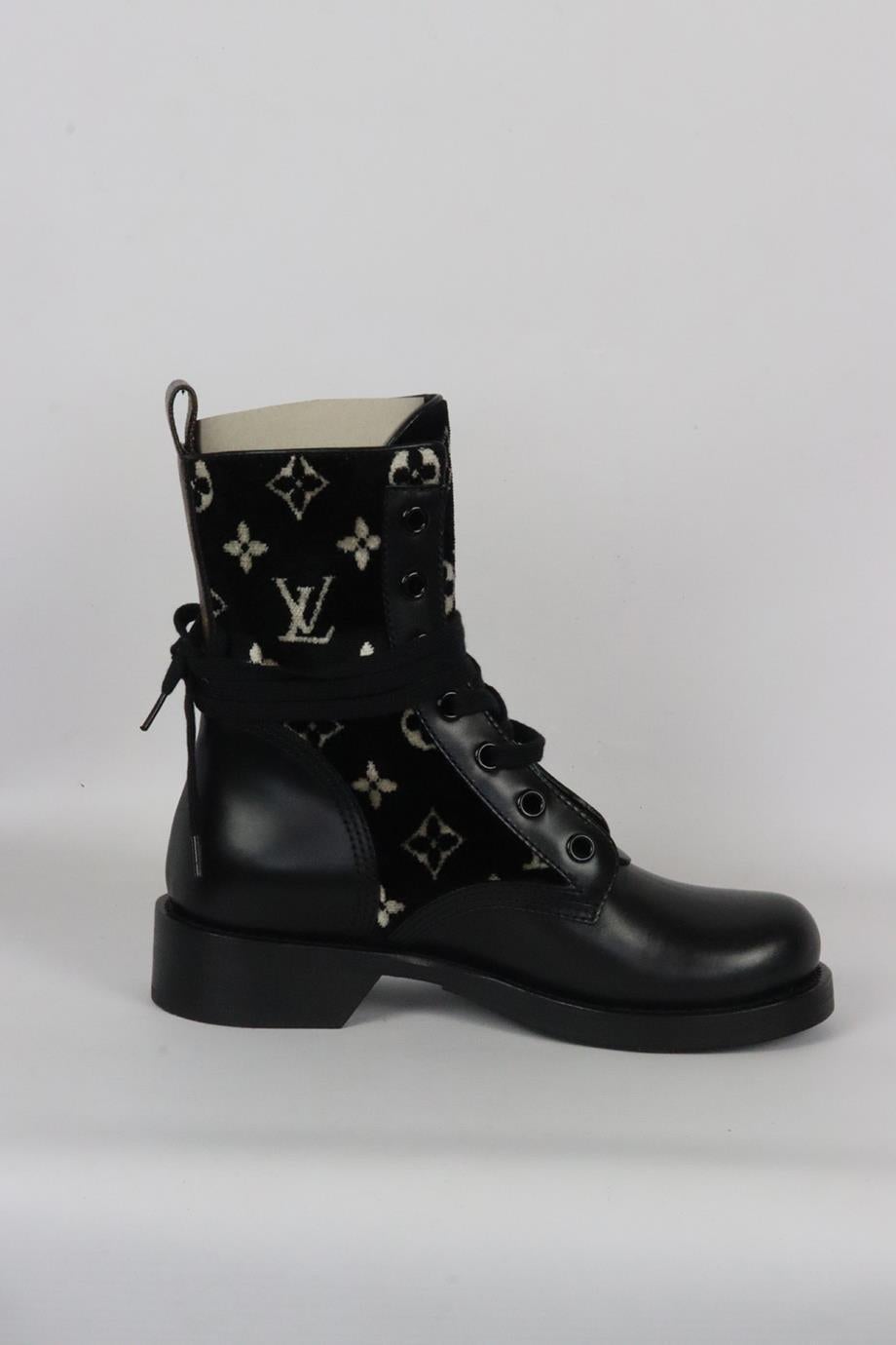 Louis Vuitton Metropolis monogrammed velvet and leather ankle boots. Black, white and brown. Lace up fastening at front. Does not come with dustbag or box. Size: EU 38 (UK 5, US 8). Insole: 9.8 in. Heel Height: 1.4 in. Platform: 0.3 in. Shaft: 7 in.