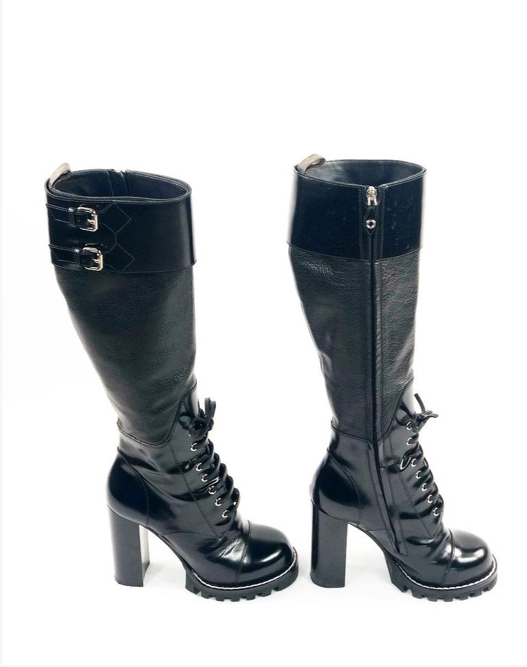 LOUIS VUITTON boots Knee-high boots Monogram flower leather Black Wome –