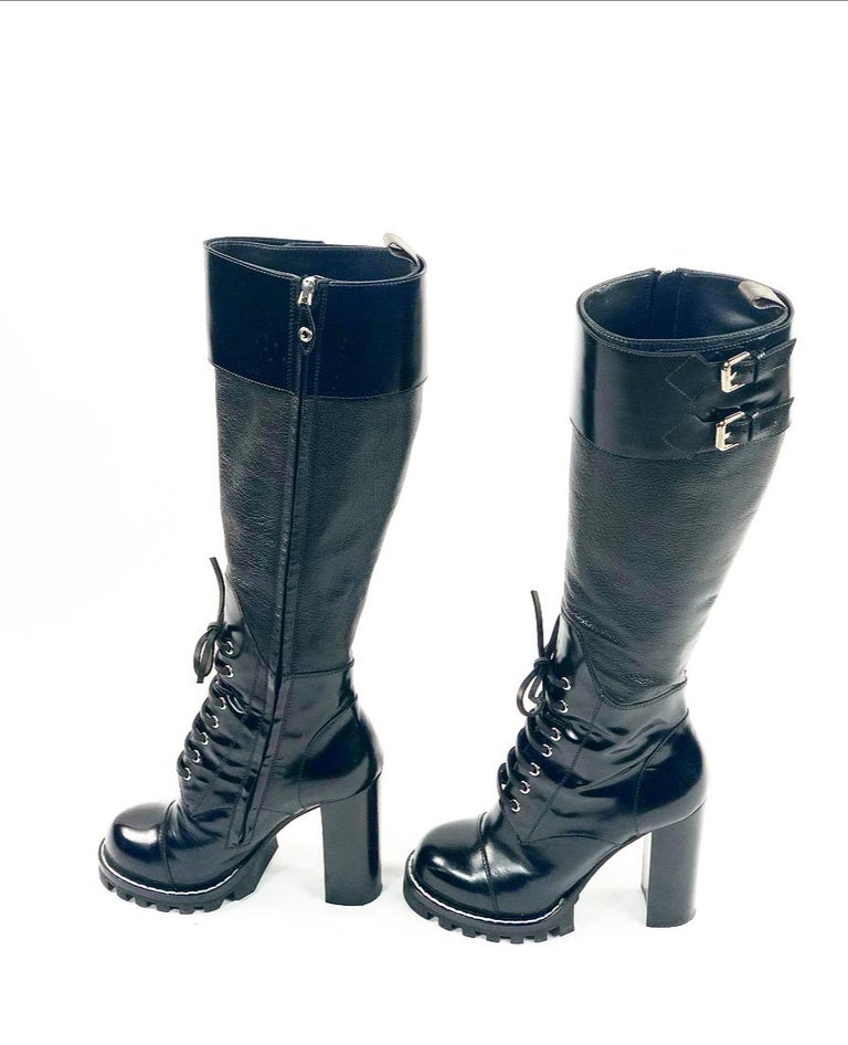 LOUIS VUITTON Military Black Leather Knee- High Heel Boots Size 38 For Sale at 1stdibs