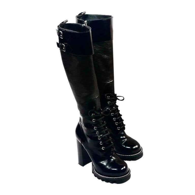 LOUIS VUITTON Military Black Leather Knee- High Heel Boots Size 38 at ...