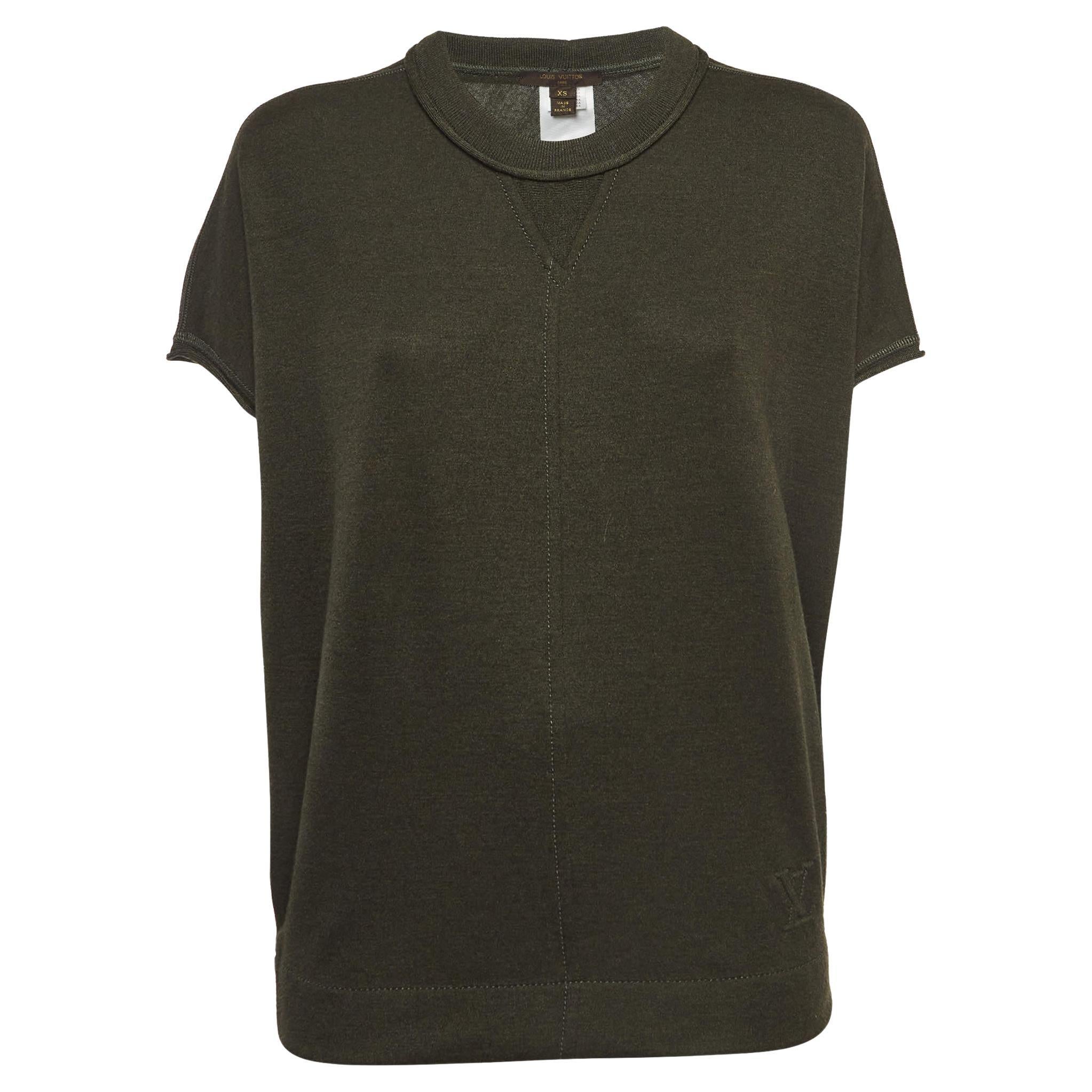 Louis Vuitton Military Green Logo Embossed Cashmere & Silk Knit Top XS For Sale