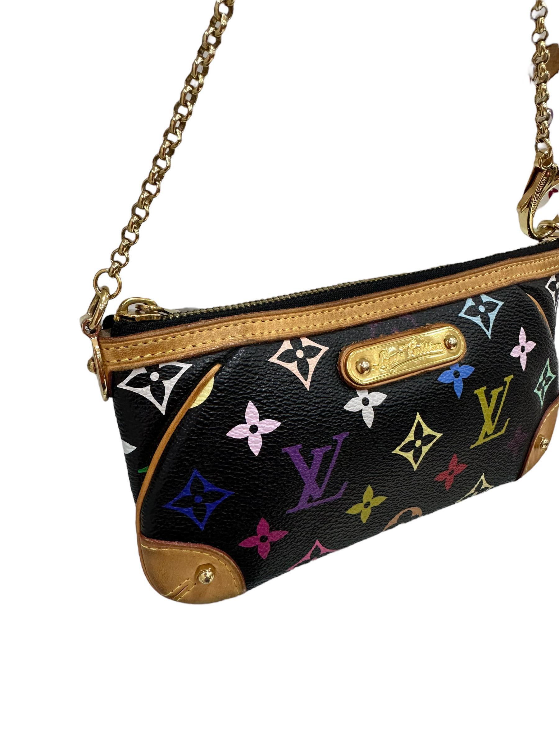 Clutch bag signed Louis Vuitton, limited edition in collaboration with Takashi Murakami, model Mira, size PM. Made of black canvas in the classic multicolor monogram pattern with cowhide inserts and golden hardware. Featuring a top zip closure.