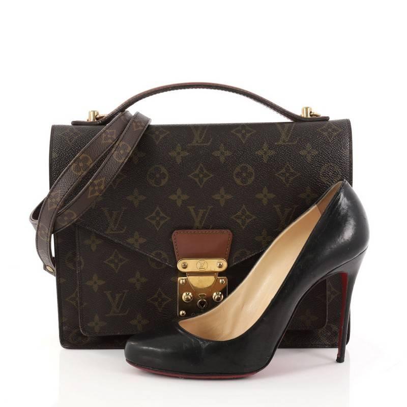 This authentic Louis Vuitton Monceau Handbag Monogram Canvas is a chic and feminine bag with a vintage touch. Crafted from brown monogram coated canvas, this chic bag features a top handle, detachable strap, gusseted pocket under flap, sleek