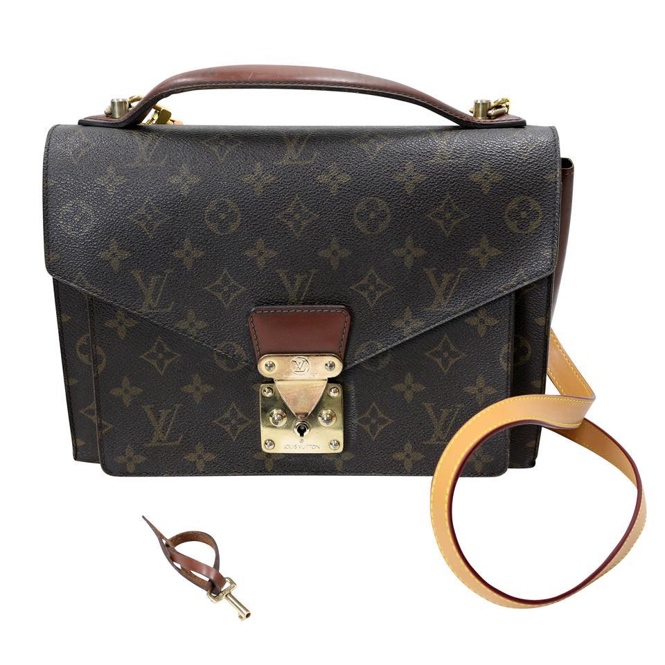 The Monceau features a monogram canvas body, a flat top leather handle, a detachable flat leather strap, a front flap with lock & key strap and buckle closure, and an interior zip pocket. Perfect if you're looking for something feminine and