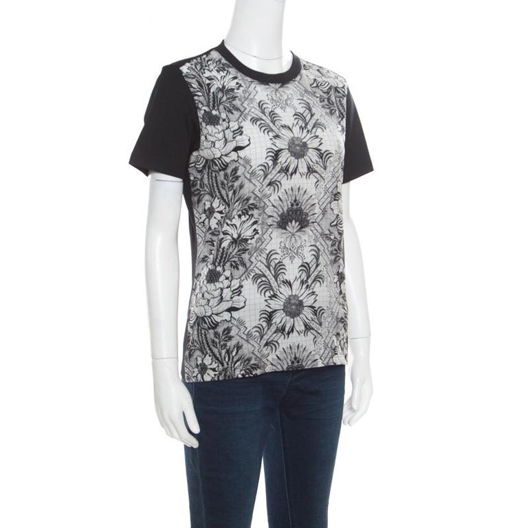 Louis Vuitton Monochrome Floral Printed Silk Front Crew Neck T-Shirt S For Sale at 1stdibs