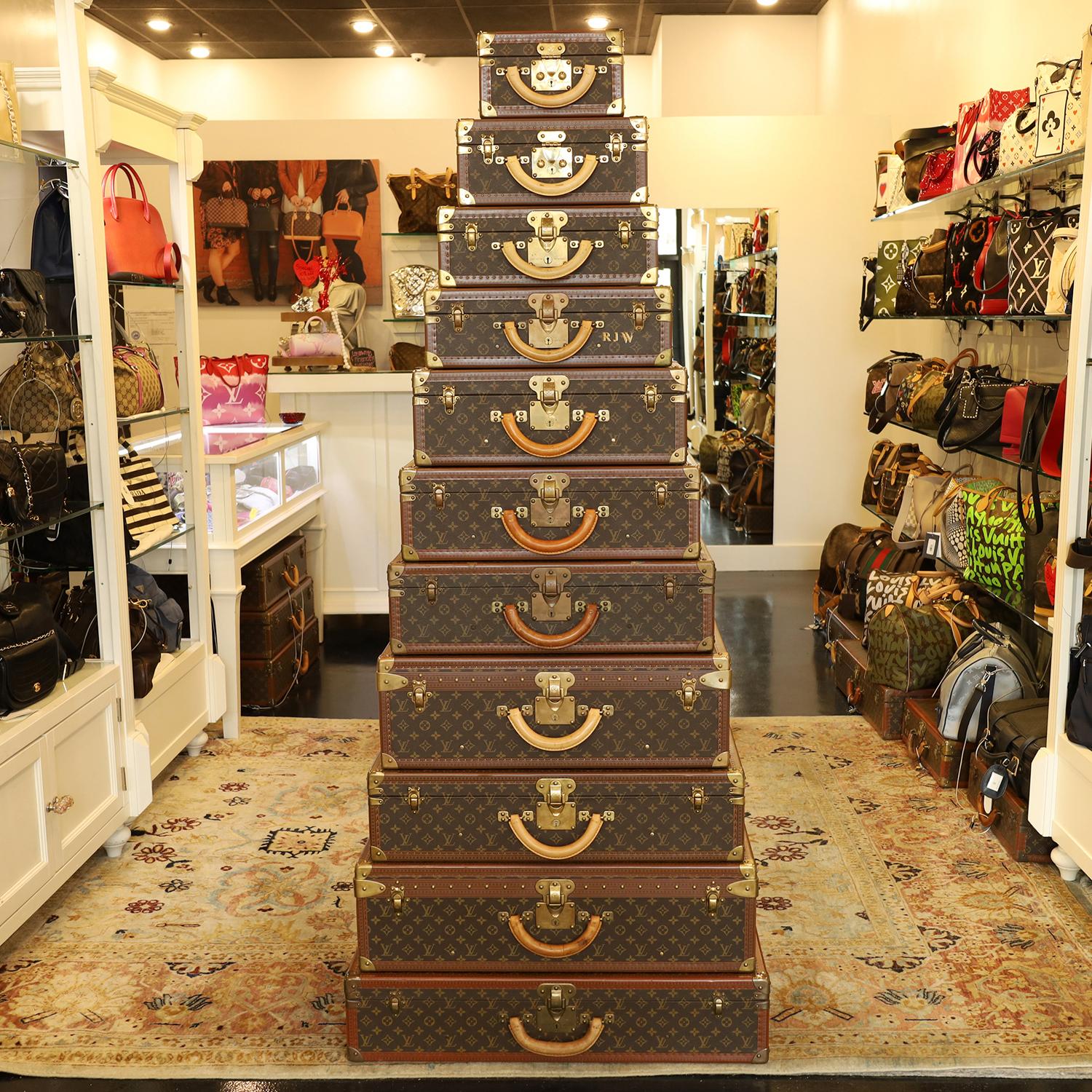 Authentic 11 Piece Stacking Set of Louis Vuitton Monogram Hard Case Trunks. Purchase as a set only. (I do have other sets with fewer pieces) All pieces are in great condition with scuffs, scratch marks, tarnish, and some stains, handles are secure,