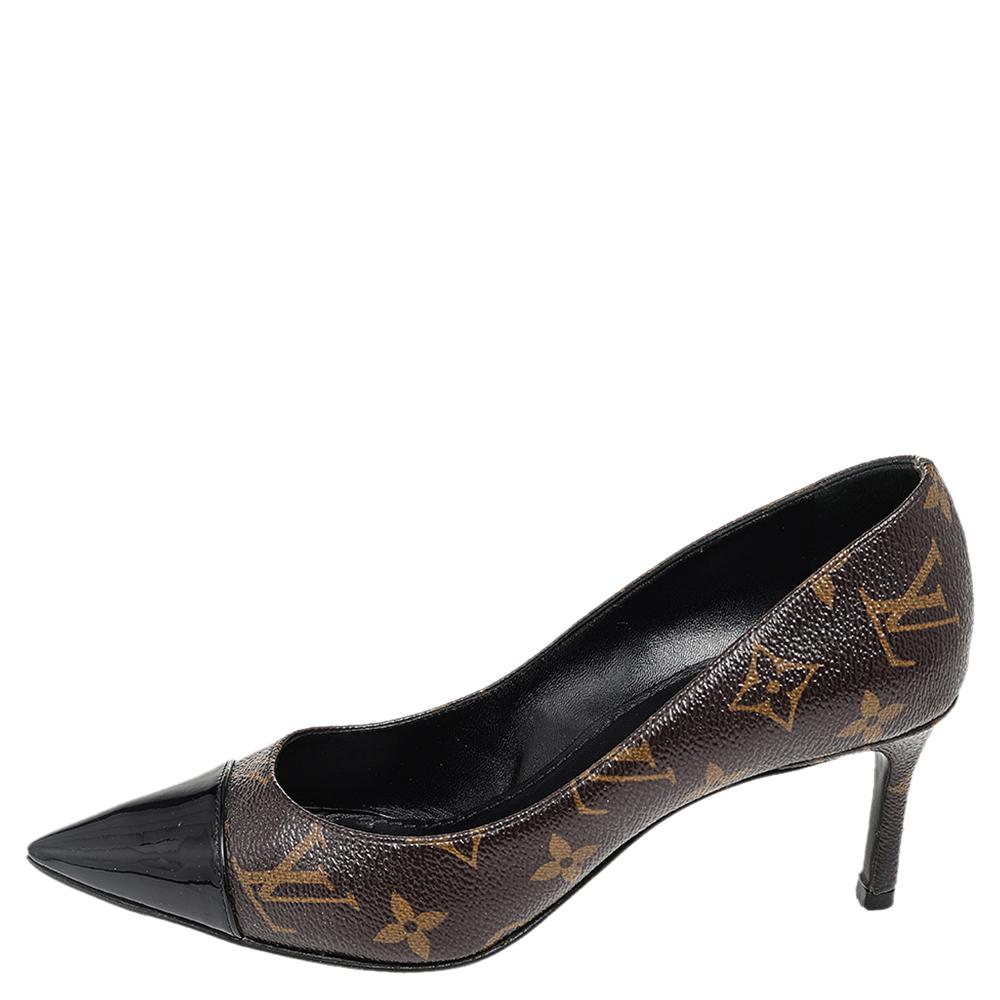 Nothing like an elegant pair of heels to look and feel like a diva. Crafted out of the brand's signature Monogram coated canvas, this Louis Vuitton number features a pointed, patent leather cap toe, leather-lined insides, and a set of 6 cm heels.