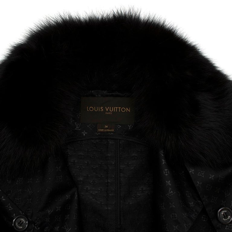 Louis Vuitton Black Silk Monogram CAPE, MINK Collar Coat Jacket, Size 36,  US 4