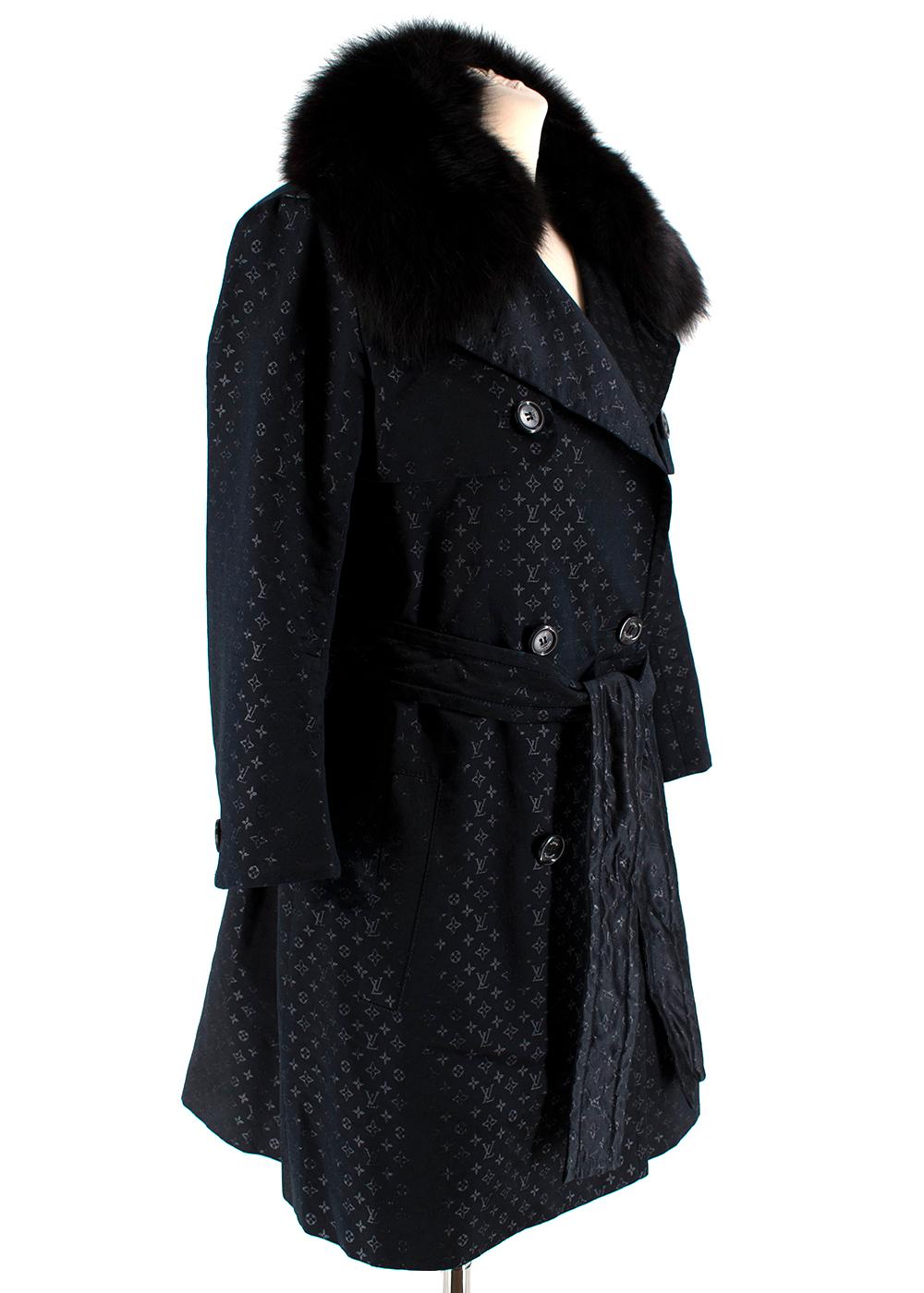 Louis Vuitton Monogram Black Trench Coat with Fox Fur Collar - Size US 4 2