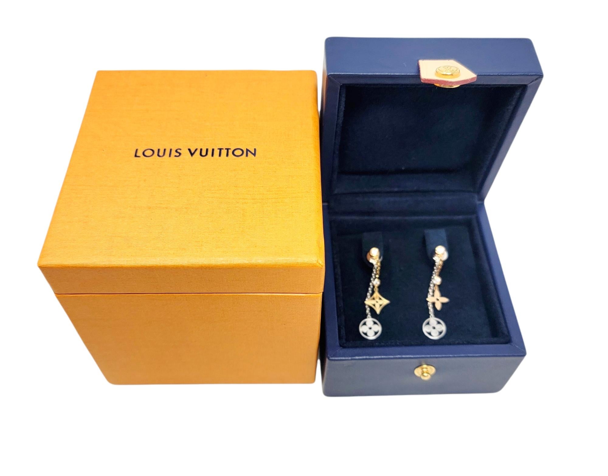 Louis Vuitton Monogram Blossom Long Dangle Earrings with Diamonds Tri-Tone Gold 2