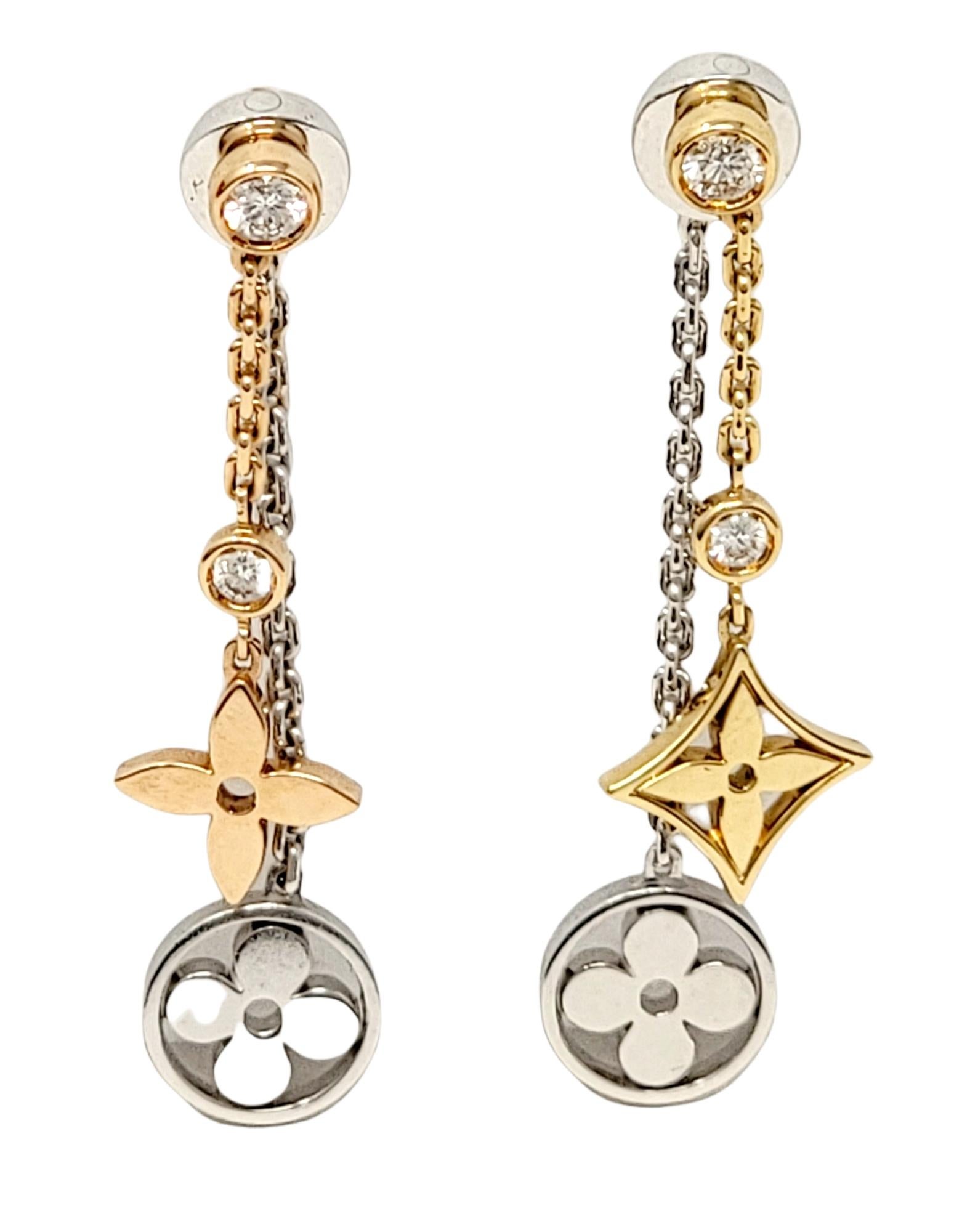 Chic and playful dangle earrings by renowned designer, Louis Vuitton. With their multi-tone gold design, paired with sparkling natural diamonds and the signature Louis Vuitton monogram detail, these gorgeous earrings will not go unnoticed. The