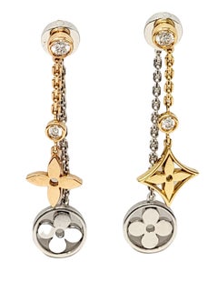 Louis Vuitton Monogram Blossom Long Dangle Earrings with Diamonds Tri-Tone Gold