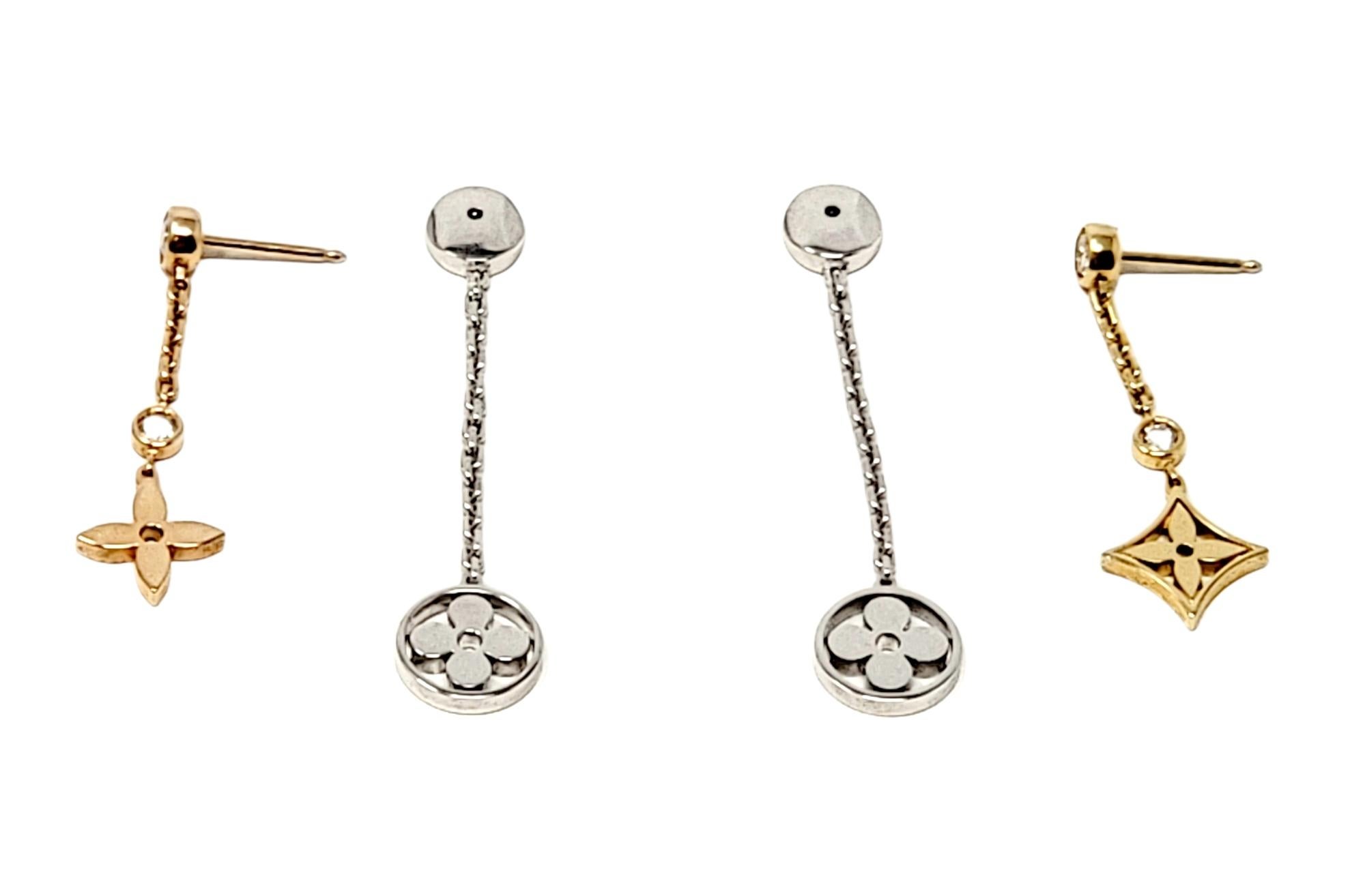 Round Cut Louis Vuitton Monogram Blossom Long Dangle Earrings with Diamonds Tri-Tone Gold