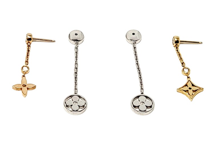 Louis Vuitton Monogram Blossom Long Dangle Earrings with Diamonds Tri-Tone  Gold