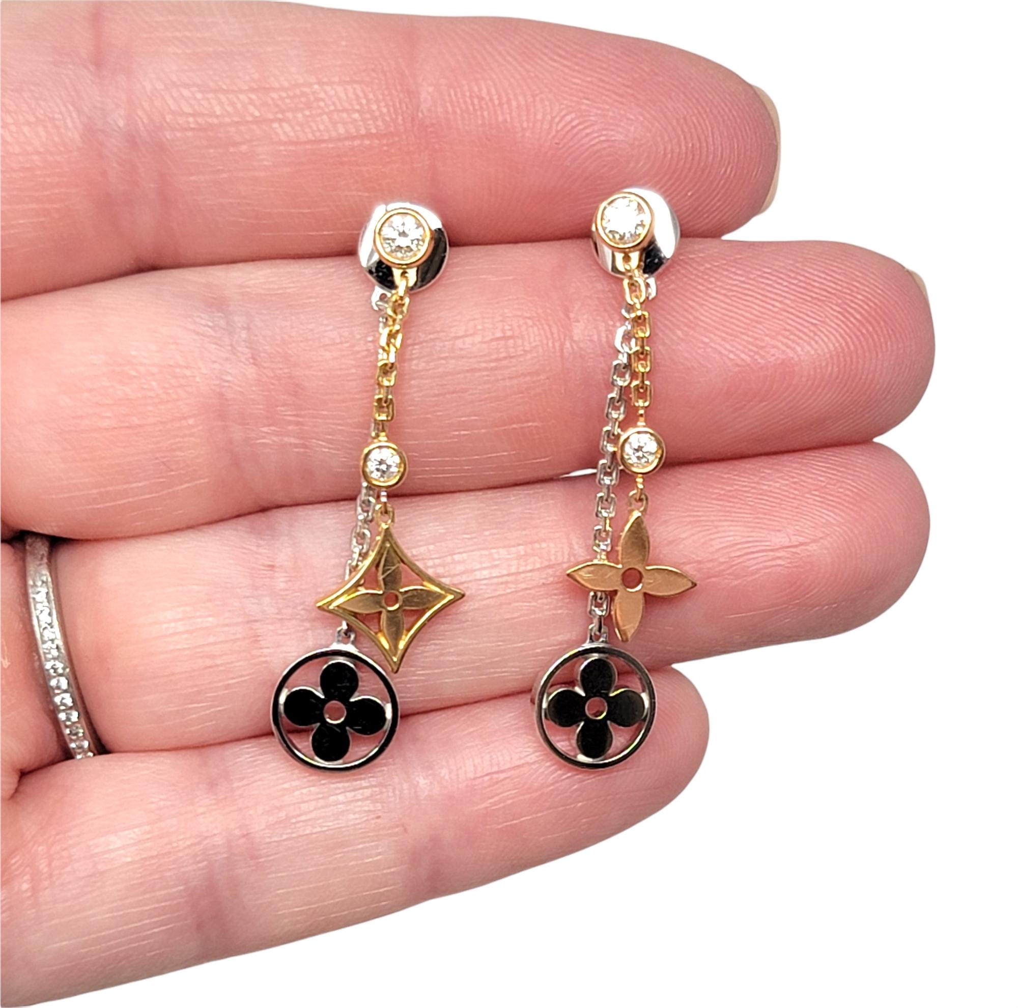 Louis Vuitton Monogram Blossom Long Dangle Earrings with Diamonds Tri-Tone Gold In Good Condition In Scottsdale, AZ