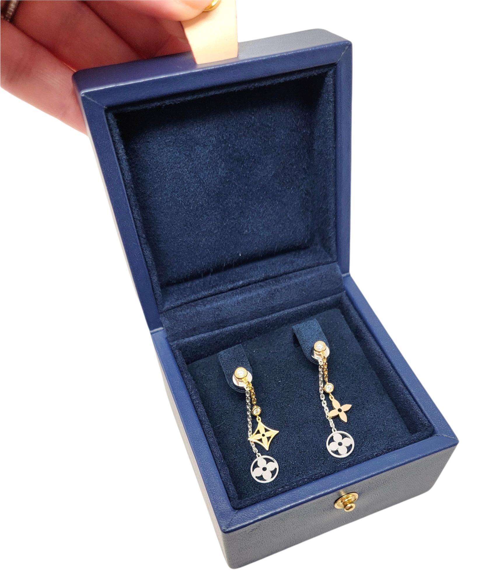 Women's Louis Vuitton Monogram Blossom Long Dangle Earrings with Diamonds Tri-Tone Gold