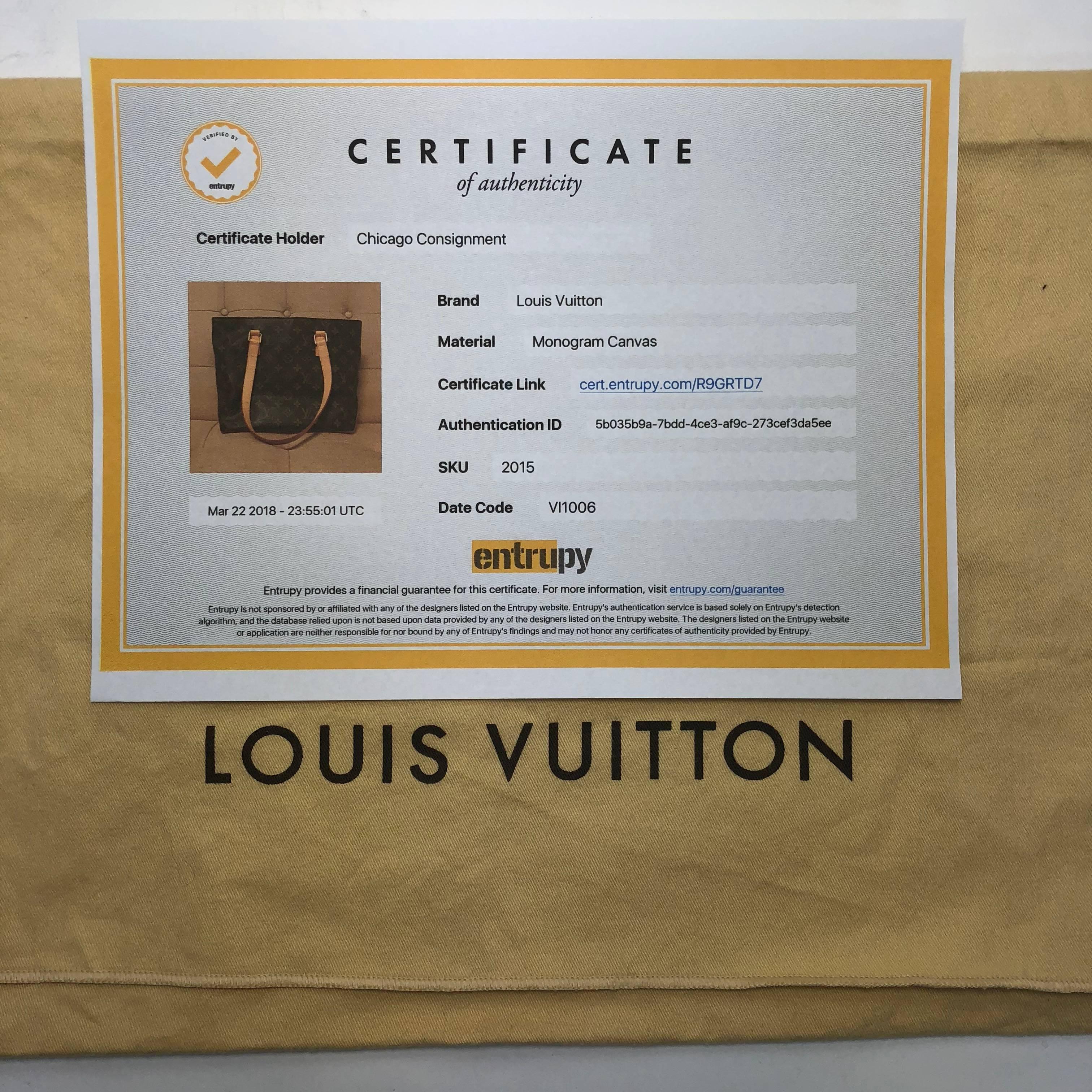 MODEL - Louis Vuitton Monogram Cabas Piano

CONDITION - Exceptional.  Light vachetta with minor watermarks on base, no dryness and no cracking.  Bright and shiny hardware with no tarnishing or chipping.  No rips, holes, tears, stains or odors. 