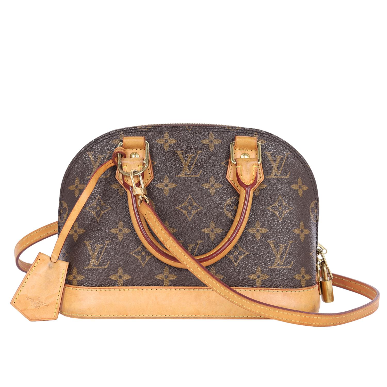 Authentic, pre-loved Louis Vuitton monogram canvas Alma BB cross body shoulder bag. The bag features a dual zipper, dual-rolled leather handles, and a brown textile interior lining with a slip pocket. The bag can be used as a satchel or attached to