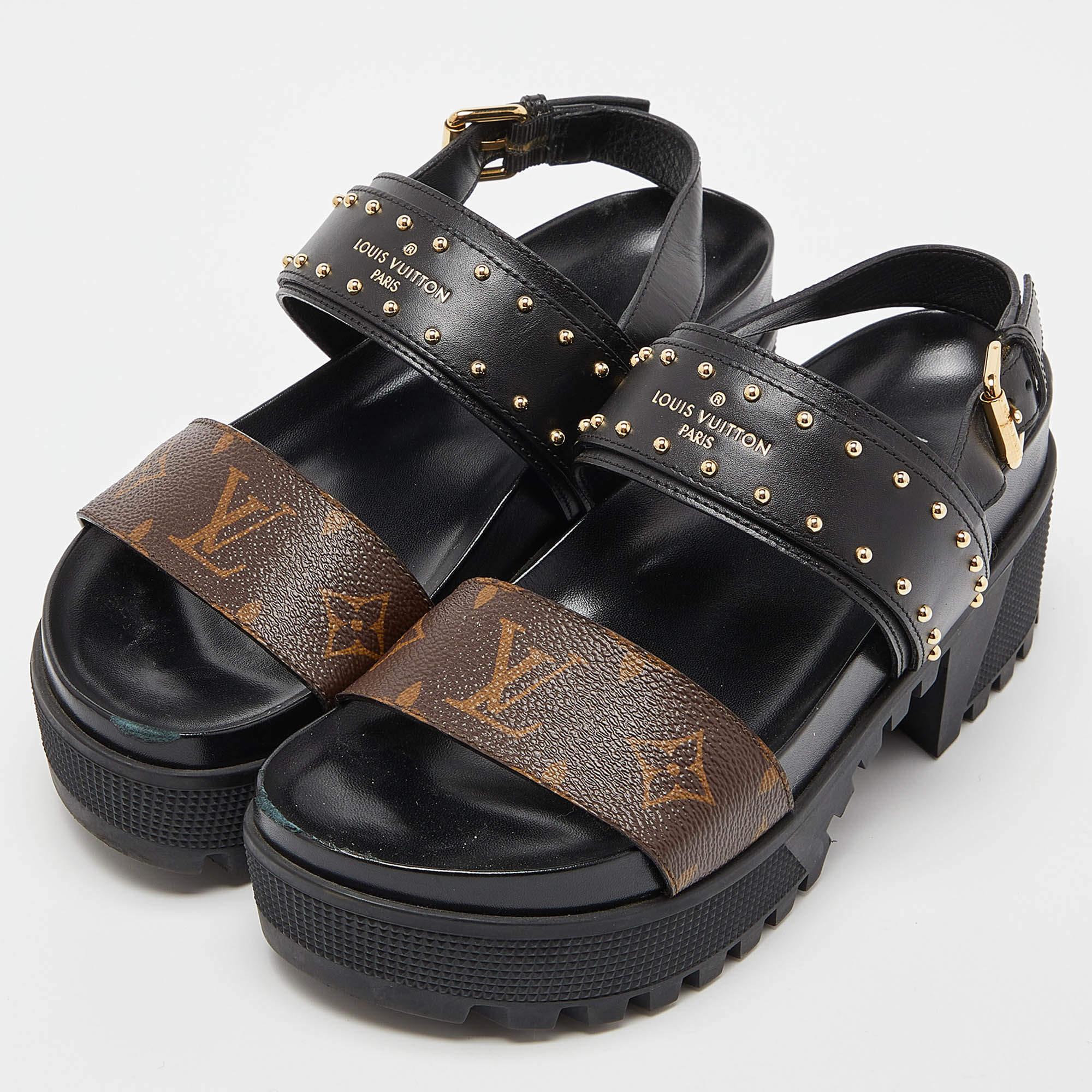 Louis Vuitton Monogram Canvas and Leather Laureate Platform Sandals Size 36.5 In Good Condition In Dubai, Al Qouz 2