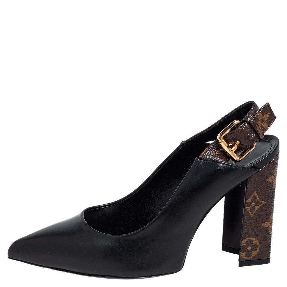 The subtle juxtaposition of black leather and monogrammed canvas make these Matchmake sandals from Louis Vuitton contemporary and stylish. They are designed with pointed toes, buckled slingbacks, and curved, block heels. From formal to casual and