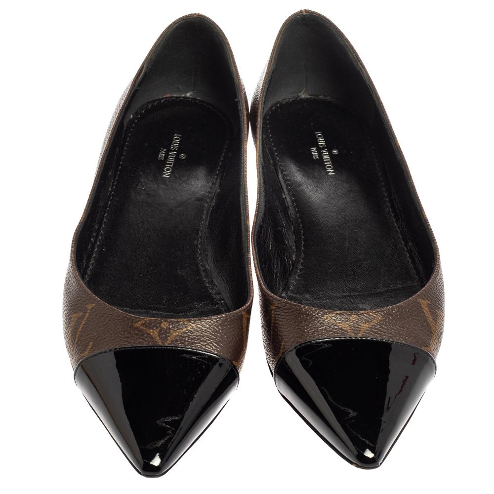 Nothing like a smart pair of shoes to look and feel like a diva. Crafted out of the brand's signature monogram coated canvas, this Louis Vuitton number features a pointed patent leather cap toe, leather-lined insoles, and sturdy outsoles. The ballet
