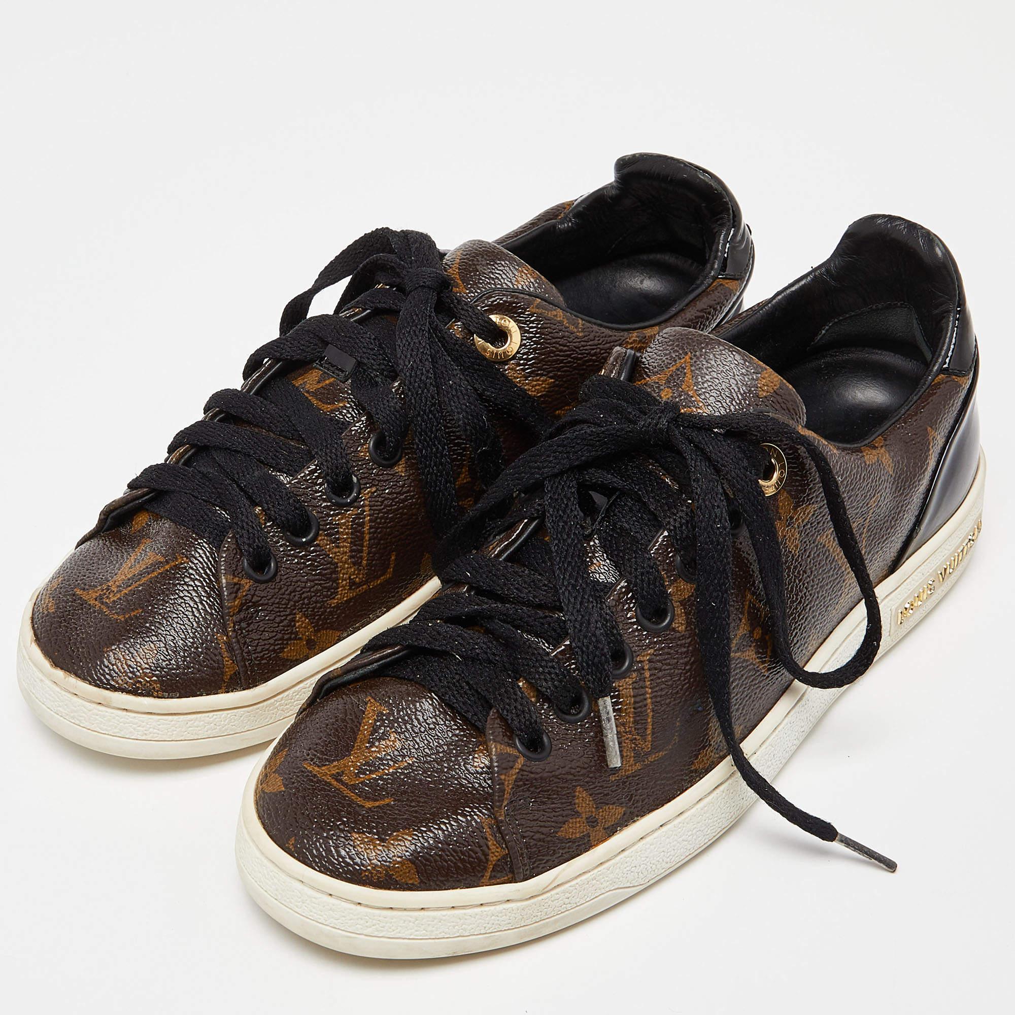These Frontrow sneakers from Louis Vuitton are all you need to add an extra edge to your outfit. This pair has been crafted from Monogram canvas along with patent leather and styled with round toes, lace-ups and gold-tone logo details on the