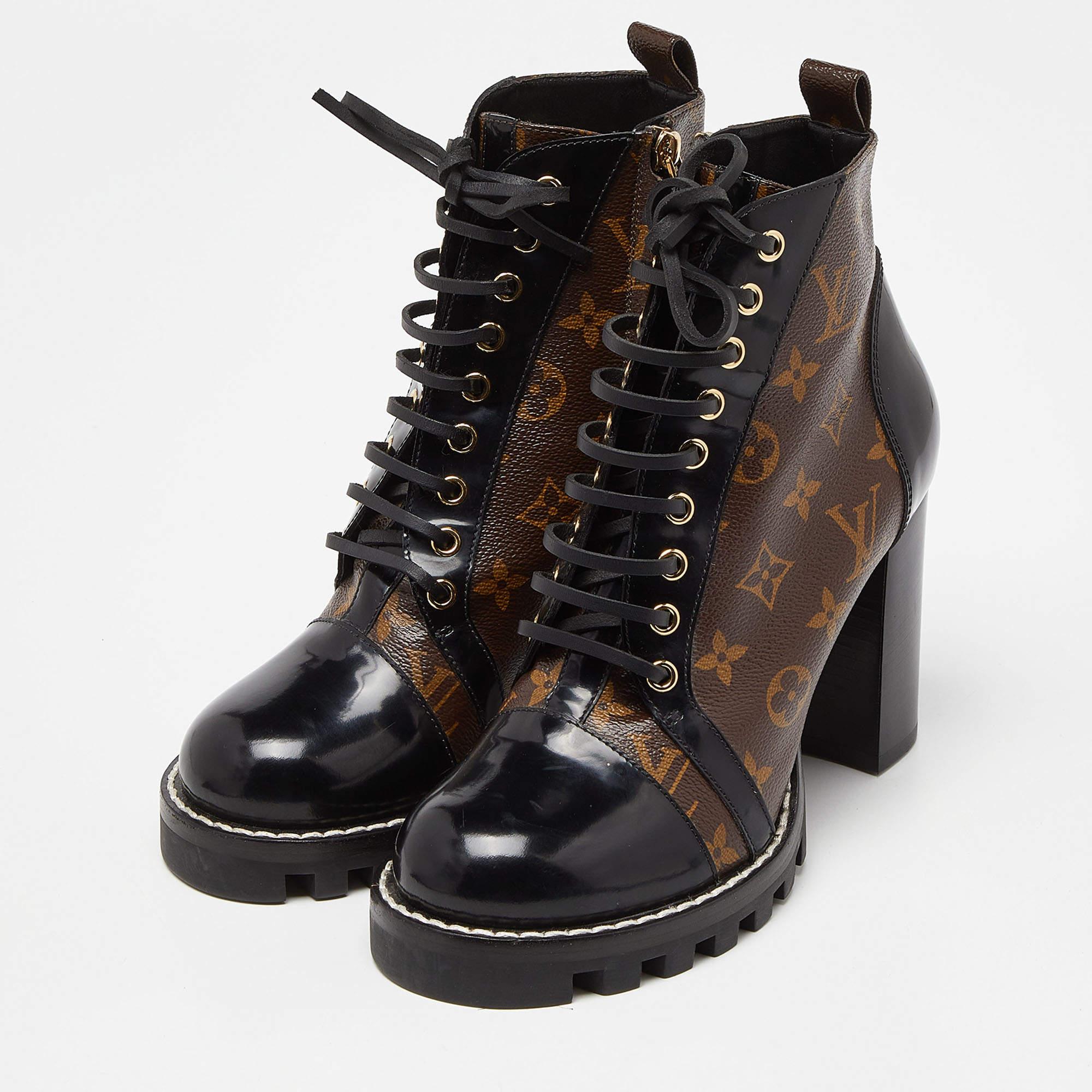 These Louis Vuitton Star Trail ankle boots exude a rock-chic flair. Crafted from patent leather and monogram canvas, they are styled with laces, block heels supported by sporty platforms. These stunning boots are complete with comfortable insoles