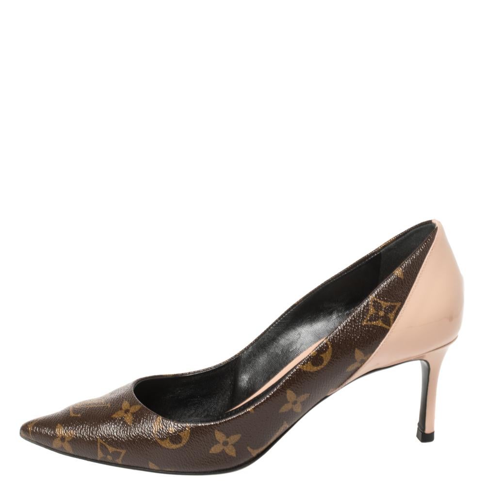 Louis Vuitton Monogram Canvas and Vernis Leather Cherie Pumps Size 38.5 In Good Condition In Dubai, Al Qouz 2