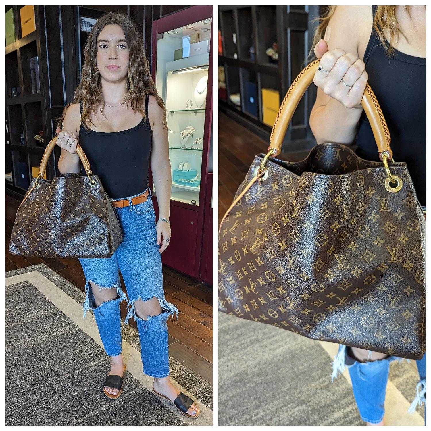 The Artsy MM embodies understated bohemian style. Louis Vuitton's iconic and divinely supple Monogram canvas is enhanced by rich golden color metallic pieces and an exquisite handcrafted leather handle. Retail $2,500.

Designer: Louis
