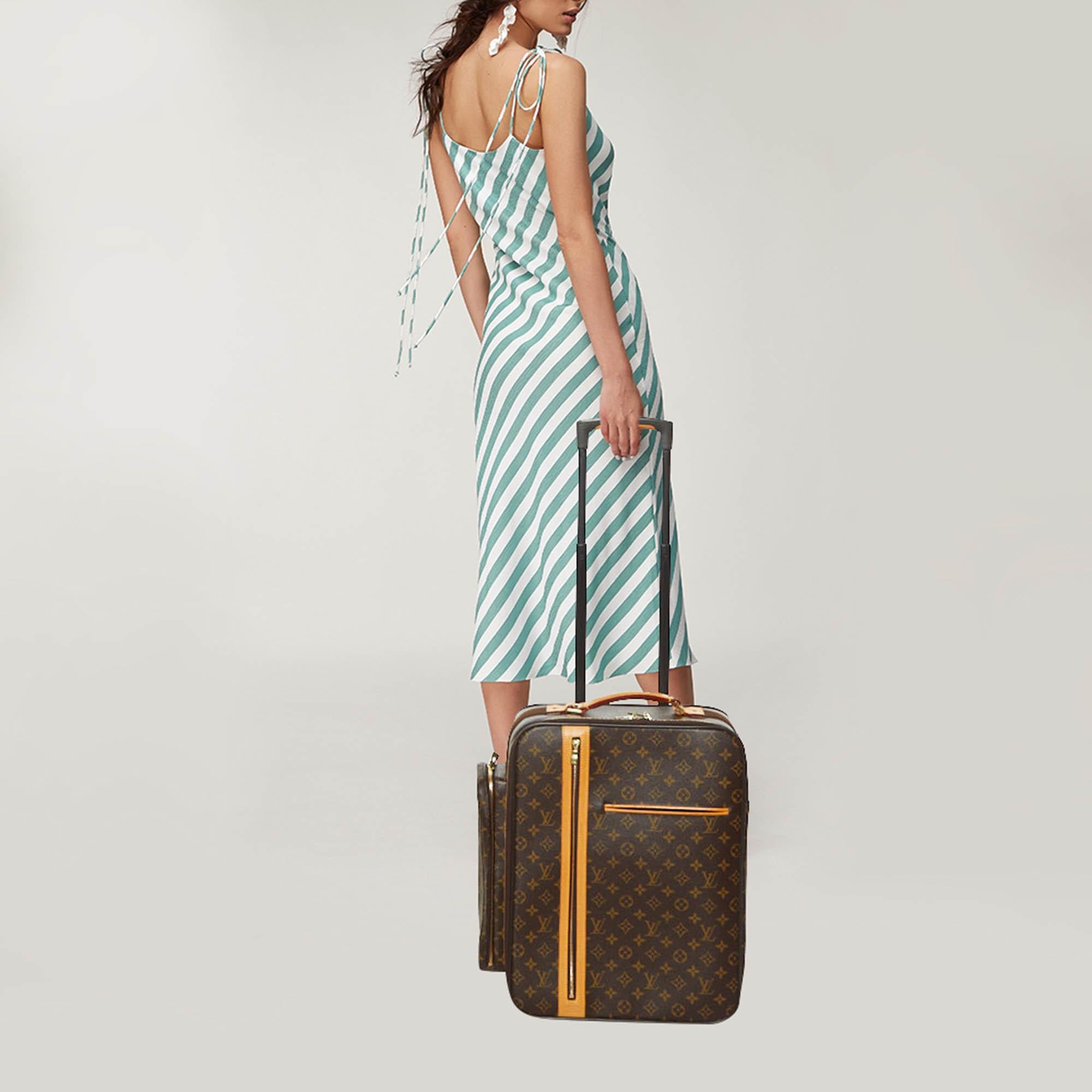 A traveling partner to trust and treasure is this one from Louis Vuitton. The exterior has been crafted from Monogram canvas while the spacious interior is lined with nylon. Equipped with zip compartments on the exterior a sturdy handle two wheels