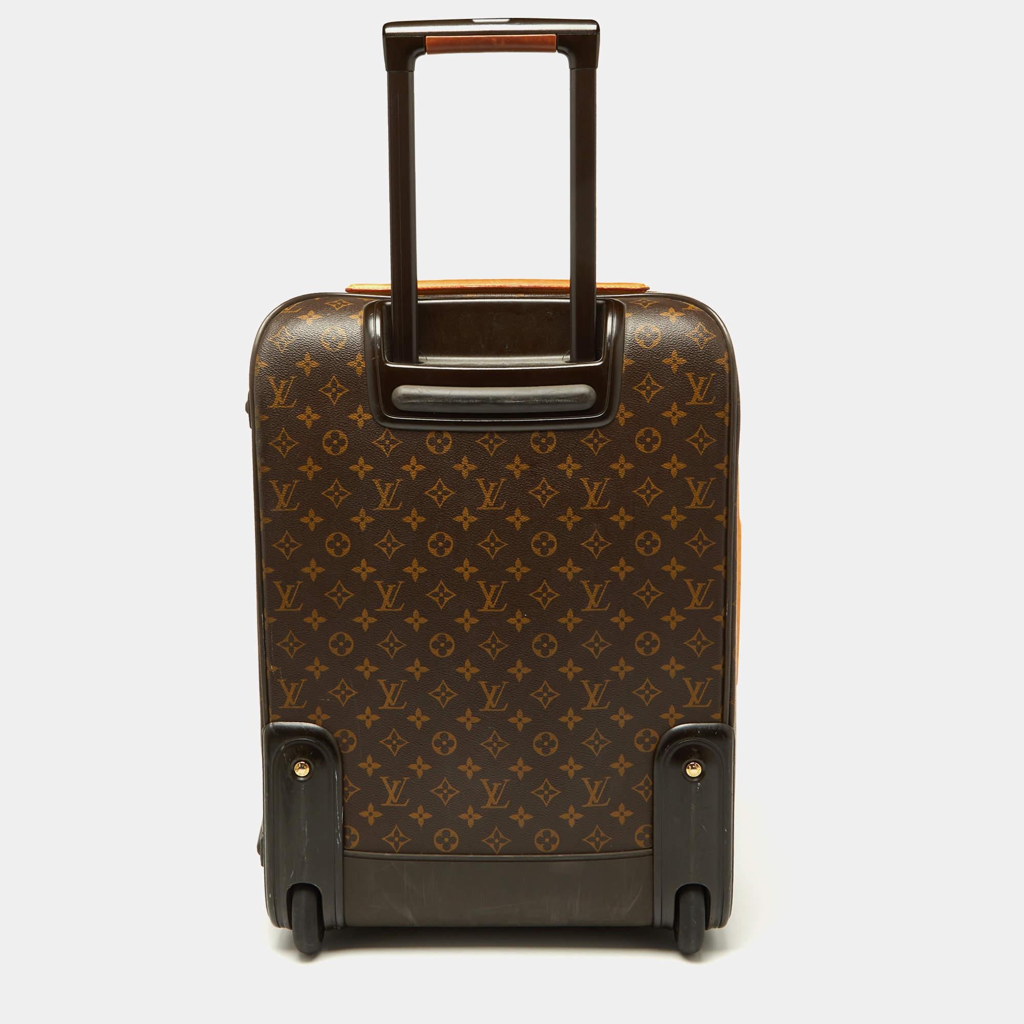 Taking Louis Vuitton's legendary art of travel elegantly forward, the Business Pegase Legere 55 suitcase, crafted from Monogram canvas and leather, flaunts traditional craftsmanship and an innovative, modern design. Lightweight, robust, and