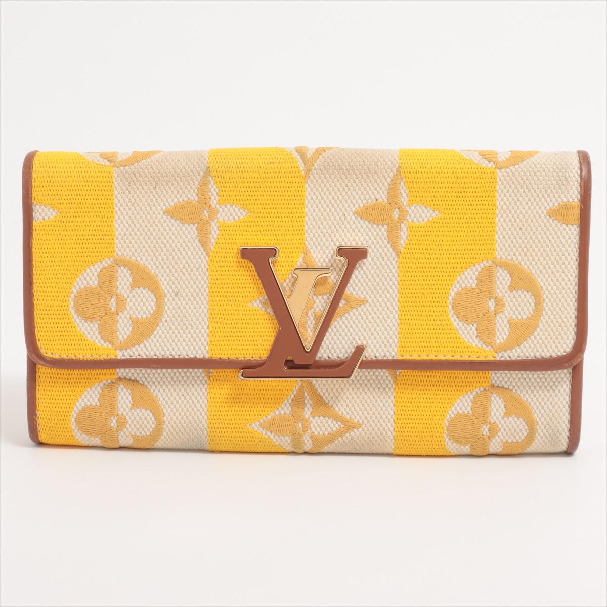 The Louis Vuitton Monogram Canvas Capucine Wallet in Stripe Yellow Beige is a chic and sophisticated accessory that seamlessly combines iconic design with a touch of playful elegance. Adorned with the classic LV monogram canvas, the wallet stands