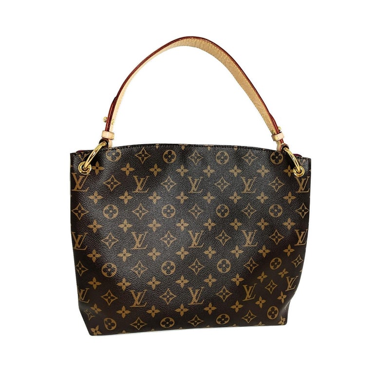 This Louis Vuitton Monogram Canvas Graceful PM hobo bag, features Monogram coated canvas, flat leather shoulder handle with gold-tone hardware, magnetic leather patch closure. The interior consists of red cotton canvas lining with one interior