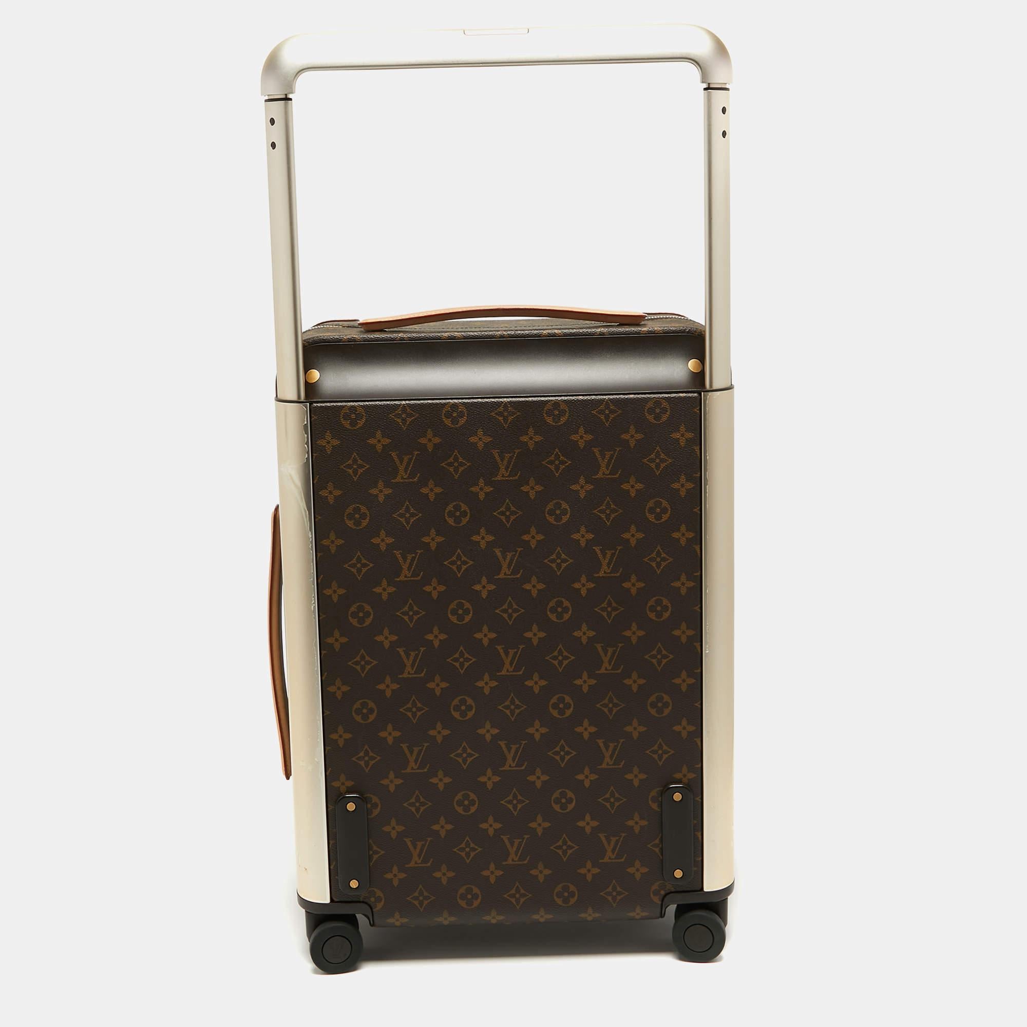 Match your travel essentials to your style with this luxurious designer suitcase from Louis Vuitton. It is crafted using Monogram canvas and has four wheels and a handle.

