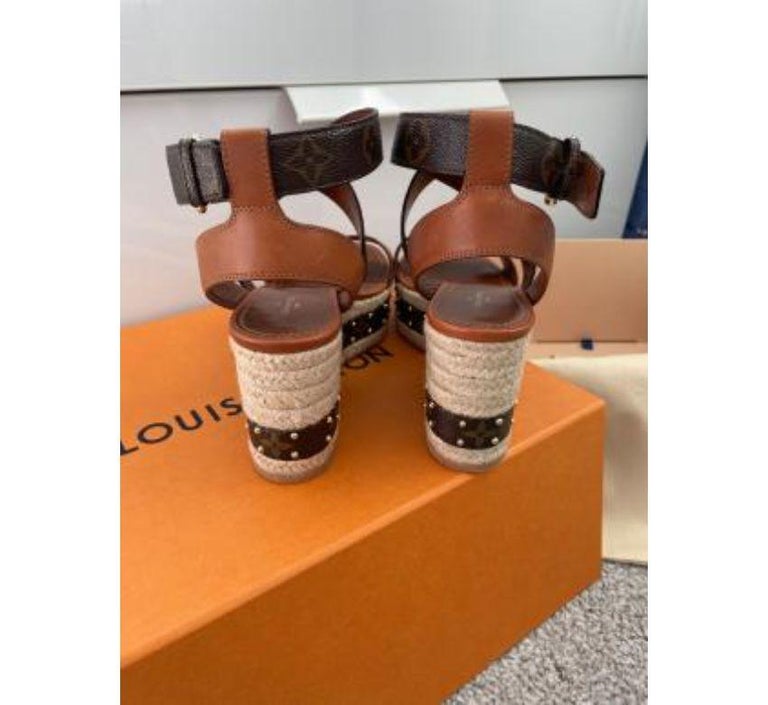 Louis Vuitton, Shoes, Louis Vuitton Blue Monogram Denim Tstrap Cork Wedges  Sandals