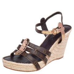 Louis Vuitton Monogram Canvas  Leather Bahamas Espadrille Wedge Sandals Size 39