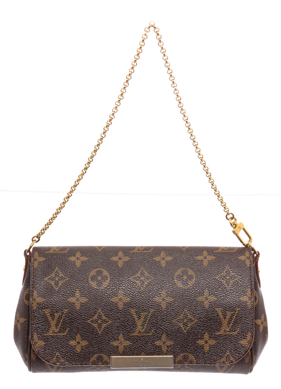 Brown and tan monogram coated canvas Louis Vuitton Favorite PM with brass hardware, single top handle with chain-link accent, single flat shoulder strap, burgundy canvas lining, single slit pocket at interior wall and flap with magnetic closure at