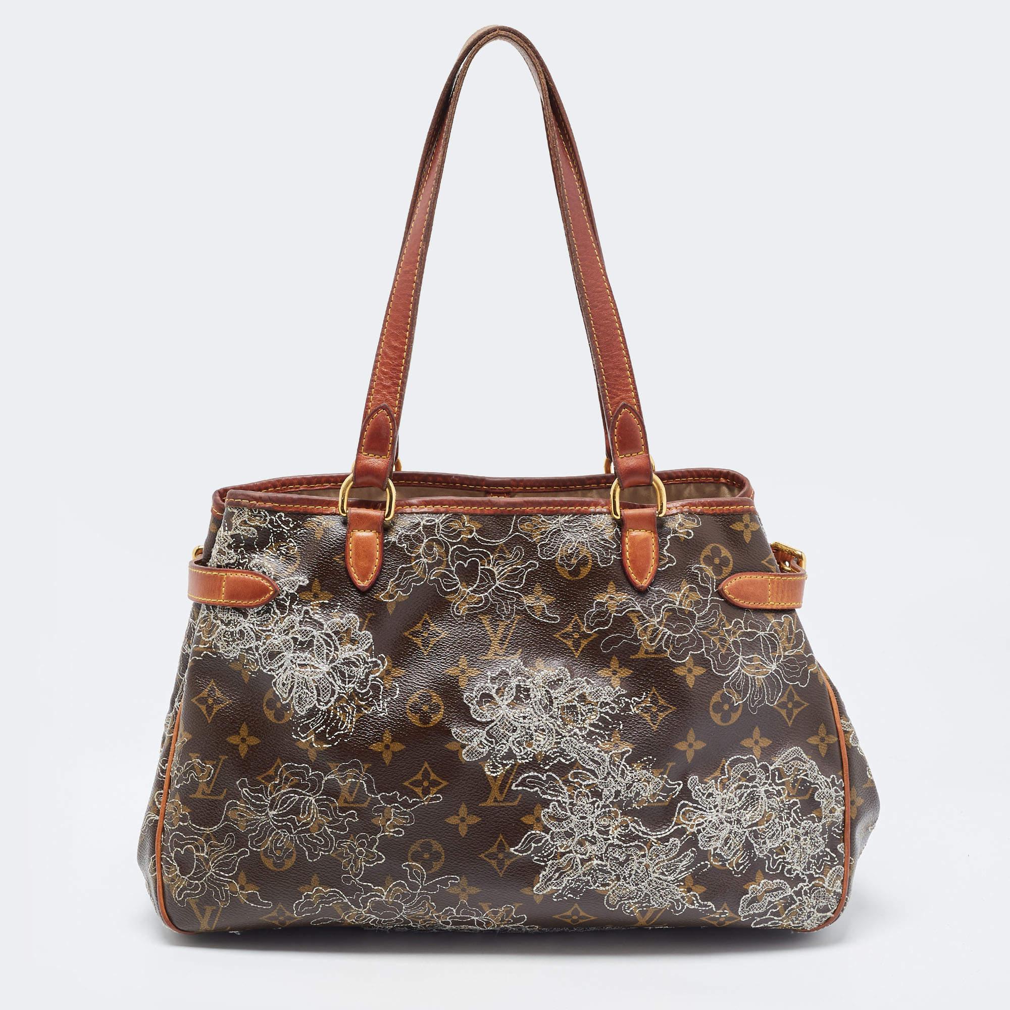 This Limited Edition Dentelle Batignolles is a must-have for any Louis Vuitton enthusiast. The classic LV Monogram canvas features an exquisite lace embroidery design, while the luxurious polished gold-tone hardware, leather trim, piping, and straps