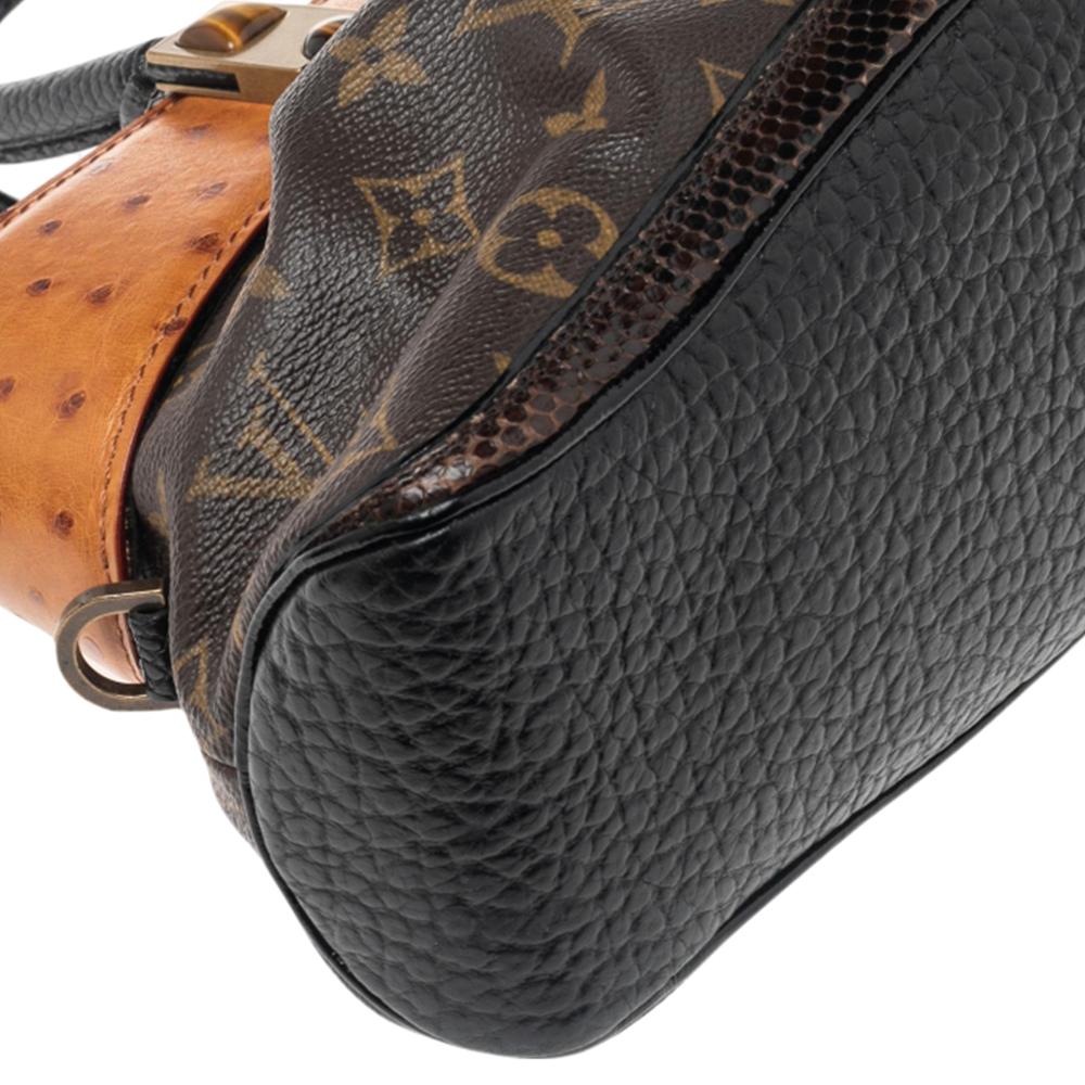 Louis Vuitton's handbags are popular owing to their high style and functionality. This Matcha Waltz bag is crafted from monogram-coated canvas and has an ostrich leather panel. The limited-edition bag features dual top handles and a spacious