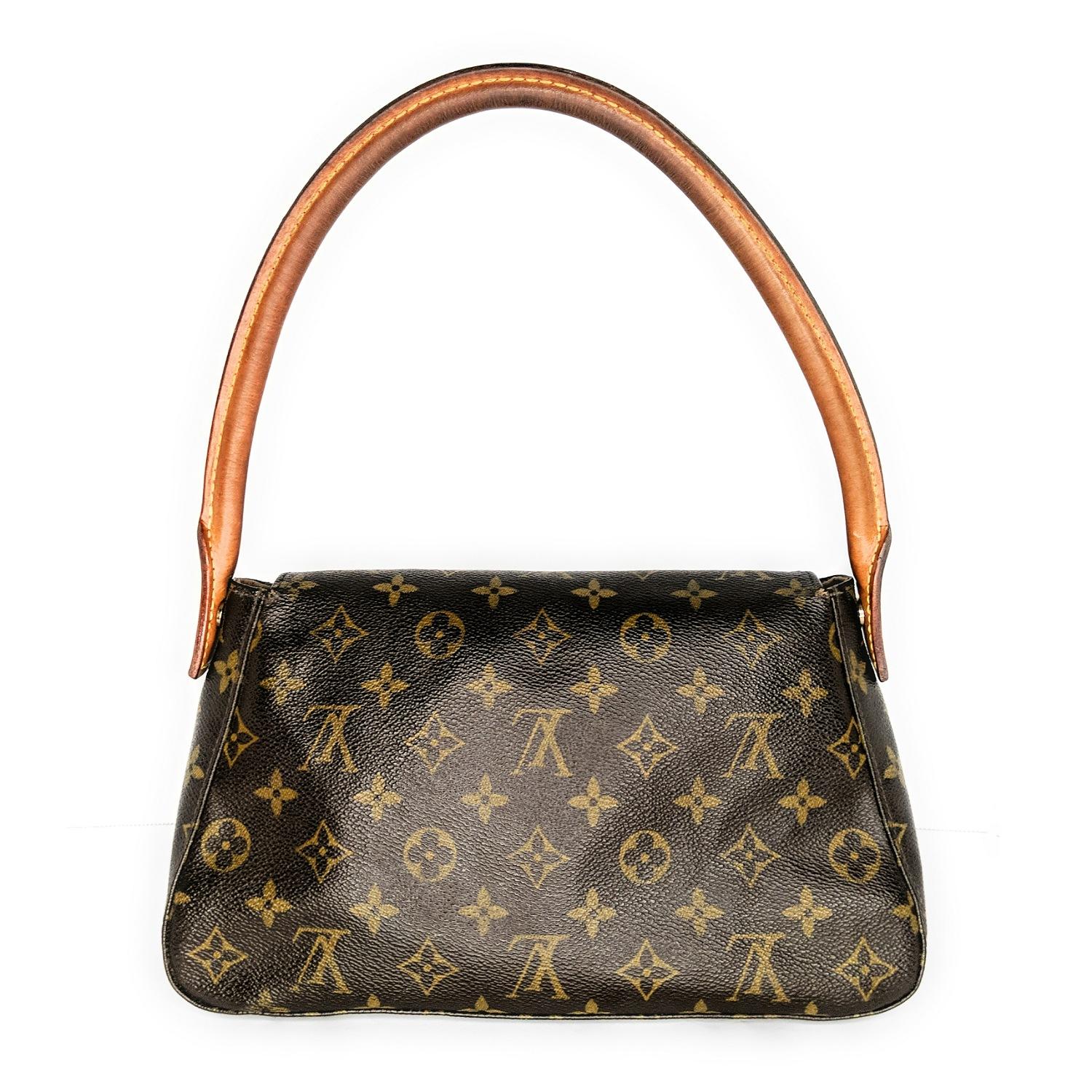 Brown and tan monogram coated canvas Louis Vuitton Looping shoulder bag with brass hardware, single rolled shoulder strap, tan vachetta leather trim, brown woven lining, single zip pocket at interior wall and magnetic snap closure at front flap.